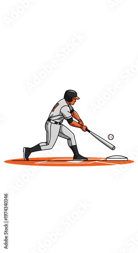 Dynamic Baseball Player Swinging Bat Towards Ball Action Illustration