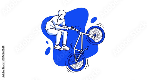 Dynamic Bicycle Rider Performing A Wheelie With Bold Blue Abstract Shapes
