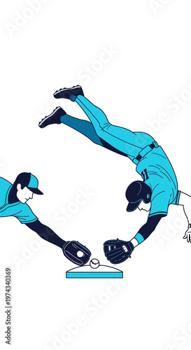 Dynamic Baseball Players Diving For The Ball Action Shot