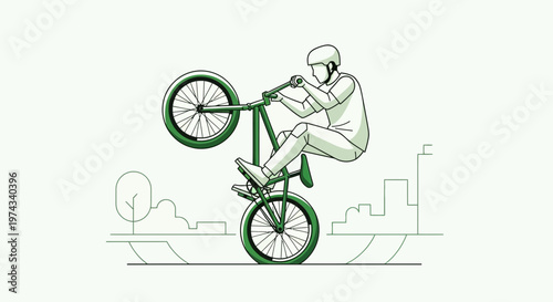 Dynamic Bicycle Rider Performing Wheelie Action Outdoors Minimalist Illustration