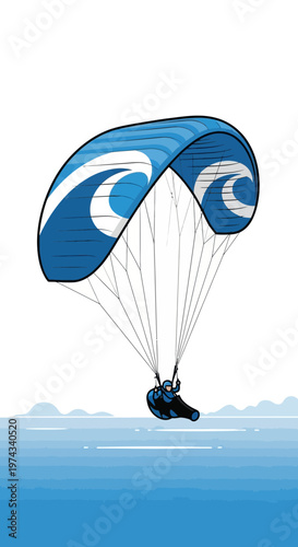 Dynamic Blue Paraglider Soaring Gracefully Over Serene Ocean Waters