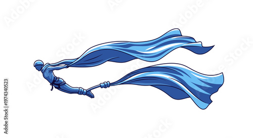 Dynamic Blue Figure Soaring With Flowing Fabric Against White Background