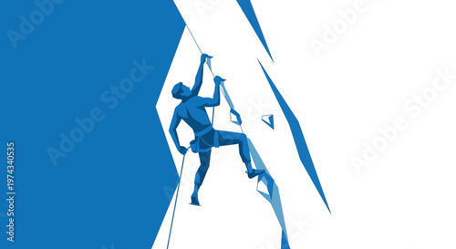 Dynamic Blue Silhouette of a Climber Ascending an Abstract Rock Face