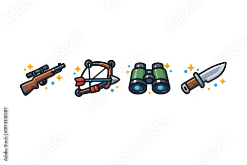 Colorful hunting and survival equipment icons set featuring rifle, crossbow, binoculars, and knife in flat cartoon style on white background