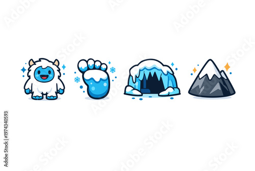 Cute winter mascot icon set featuring a smiling yeti, blue paw print, snowy cave entrance, and icy mountain peak in clean cartoon style