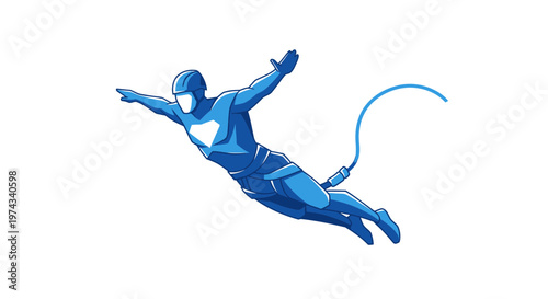 Dynamic Blue Super Jumper Character In Mid-Air Flight Pose