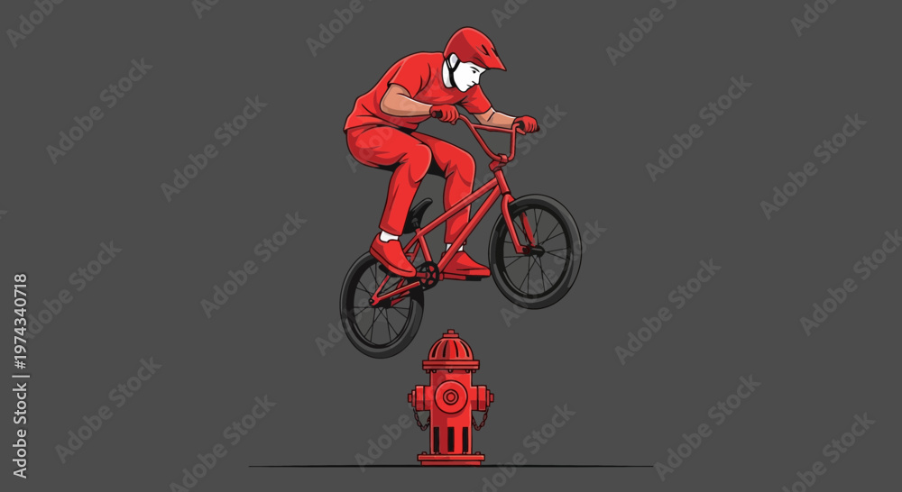Fototapeta premium Dynamic BMX Rider Executes Bold Jump Over Fire Hydrant Illustration
