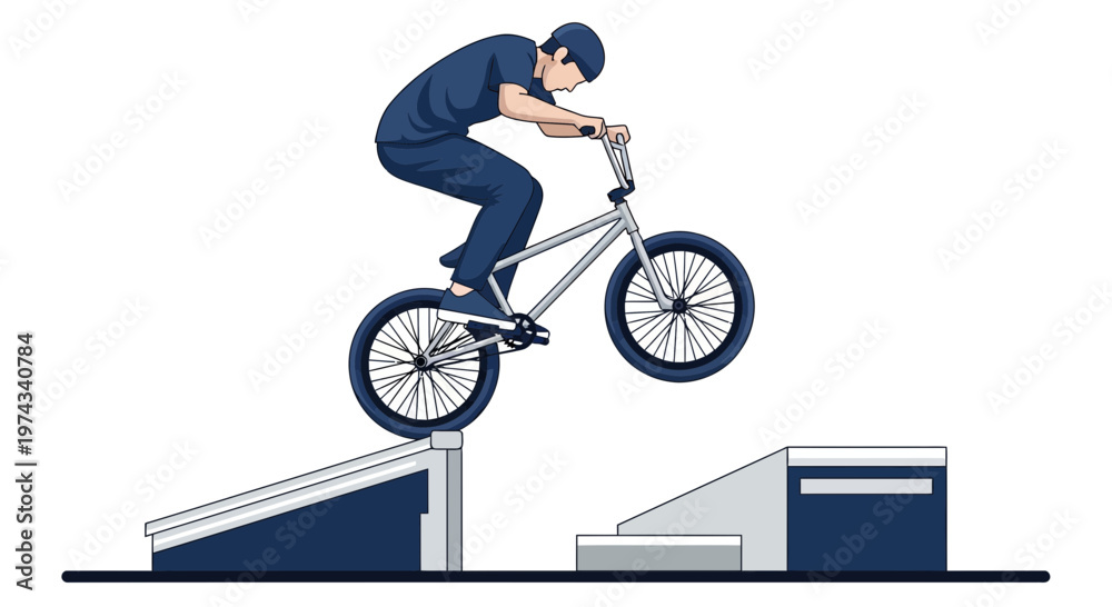 Fototapeta premium Dynamic Bmx Rider Executes Trick on Urban Skatepark Ramp