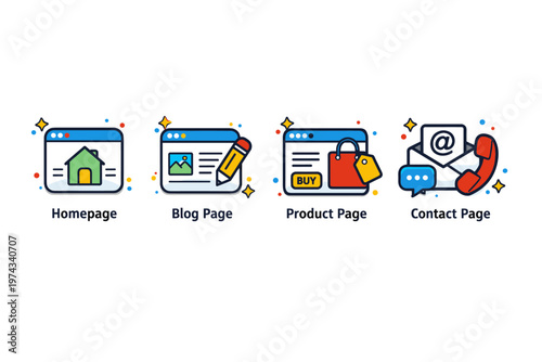 Colorful flat vector icons showing website pages for homepage, blog, product listing with buy button, and contact section with email, chat, and phone