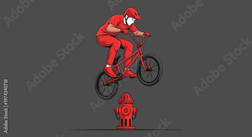Dynamic BMX Rider Executes Bold Jump Over Fire Hydrant Illustration
