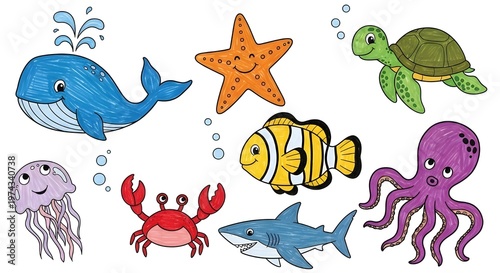 Oceanic animals kids drawings stock illustration