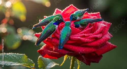 Hummingbirds Gathering on a Vibrant Red Rose in the Garden.