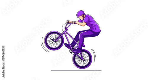 Dynamic BMX Rider Performing A Wheelie In Vibrant Purple Attire