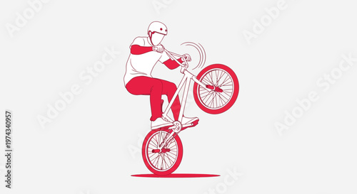 Dynamic BMX Rider Performing A Wheelie On A Red Bicycle