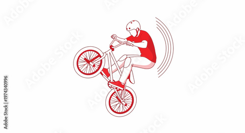Dynamic Bmx Rider Performing A Wheelie Trick In Red And White Line Art