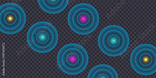 Sound wave. Signal concentric circle. Round light effect. Wifi range. Radio station signal. Water ripple with circle waves. A place or a painful point. Radar screen. Vector effect.