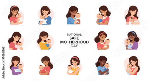 A diverse set of vector illustrations for National Safe Motherhood Day display mothers of varying ethnicities tenderly cradling their babies against a clean white backdrop, in a bright