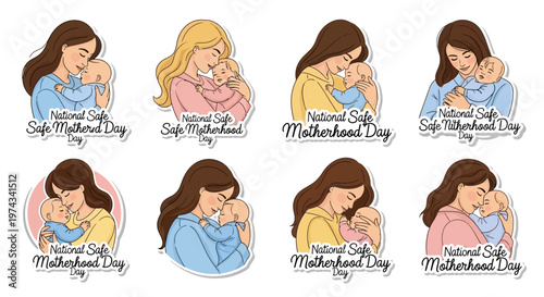 A set of eight vector illustrations showing mothers tenderly holding their babies against white backgrounds, celebrating National Safe Motherhood Day with soft pastel colors and gentle