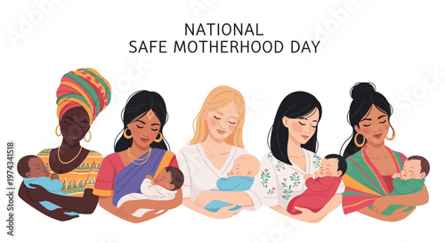 A diverse group of mothers is shown holding their babies in a vector illustration promoting maternal health awareness and safe motherhood, set against a clean, white background