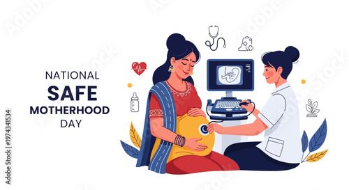 On National Safe Motherhood Day, a vector illustration depicts a healthcare provider performing a prenatal ultrasound on a pregnant woman in a red sari, emphasizing maternal health