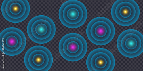 Sound wave. Signal concentric circle. Round light effect. Wifi range. Radio station signal. Water ripple with circle waves. A place or a painful point. Radar screen. Vector effect.