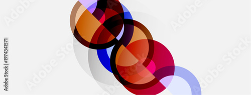 Abstract circles overlap, creating vibrant color blends. Red, blue, orange hues dominate neutral background. Modern design element.