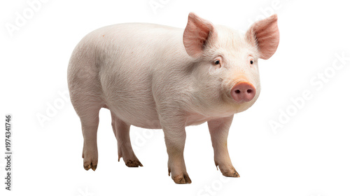 Full body view of a pink pig isolated on white background representing agriculture and livestock farming.