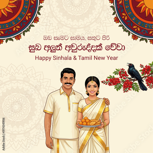 Sinhala and Tamil New Year Wishes with Sri Lankan Couple, Traditional Sweets, and Koel Bird - Suba Aluth Avuruddak Weva