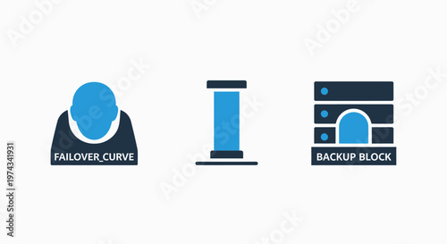 Three abstract icons representing data management and it infrastructure: failover cluster, column, and backup block