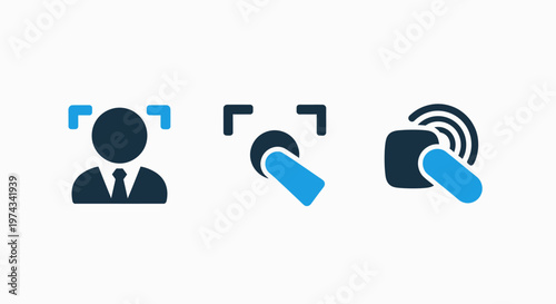 Three abstract icons related to identification and interaction: person recognition, scanning, and touch interface
