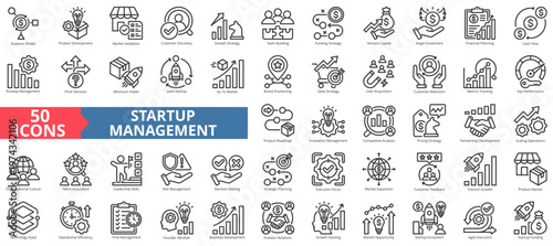 startup management icon pack outline style contains growth hacking, go to market, discovery, investor relations, competitive analysis, minimum viable, strategic planning, runway, roadmap, ecosystem