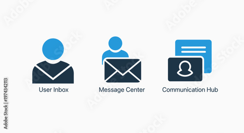 Corporate communication hub icons for user inbox management, messaging centers, and business notification systems