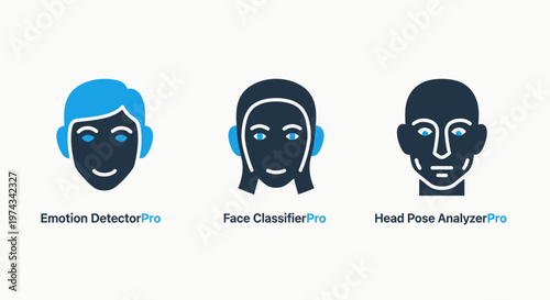 Emotion detection, face classification, and head pose analysis icons