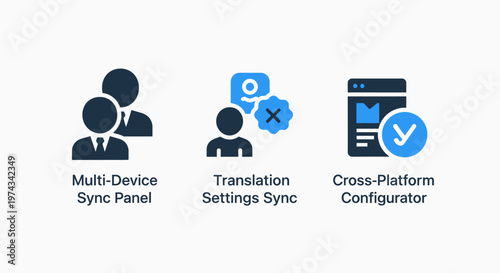 Business icons: multi-device sync panel, translation settings sync, and cross-platform configurator, graphic resources