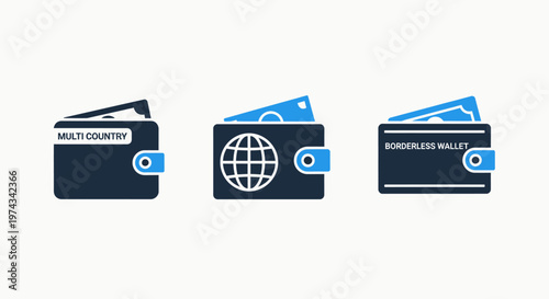 Digital wallets icons: credit card holder, globe passport wallet, and bill holder, graphic resources