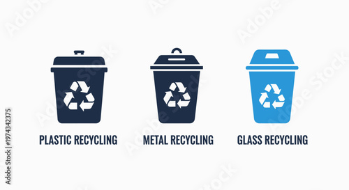Icons of separate recycling bins for plastic, metal, and glass waste
