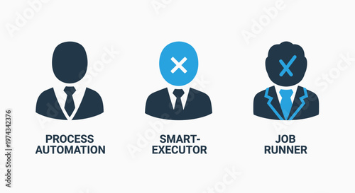 Icons representing process automation concepts, smart executor, and job runner in business