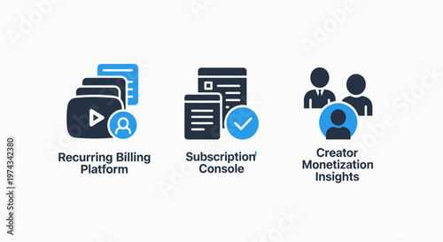 Icons for recurring billing platform, subscription console, and creator monetization insights, e commerce