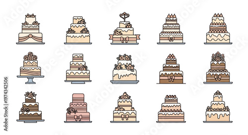 Variety of Decorated Multi Tier Cakes.