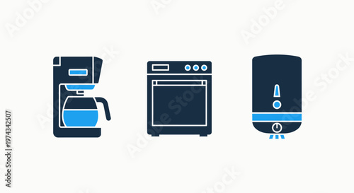 Set of household appliance icons including a coffee maker, an oven or dishwasher, and a water heater, rendered in a modern blue and black minimalist style on a white background, representing smart hom