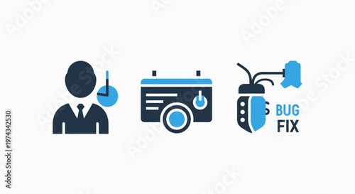 User activity tracking, scheduled task management, and bug fix software development icons