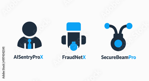 Cybersecurity solutions: AI sentry, fraud detection, and secure beam technology icons