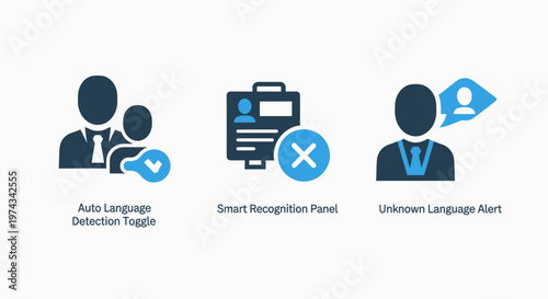 Business process icons: user benefits, form rejection, and overseas profile management, long term