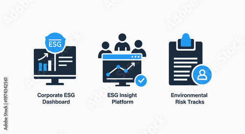 Corporate esg dashboard, esg insight platform, and environmental risk track icons