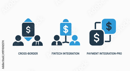 Cross border payments, fintech integration, and payment processing icons