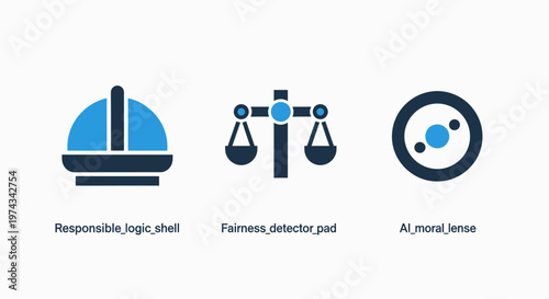 Industrial safety, justice scales, and data analysis eye icons
