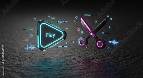 Macro Smoked Sapphire Play Button and Ruthenium Scissors on Black Obsidian – Conceptual Video Editing, Post-Production, and Creative Workflow Still Life