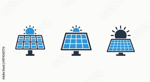 Set of solar panel icons with shining sun for renewable energy and sustainable power