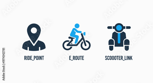 Electric urban mobility and ride-sharing icons: scooter, bicycle route, and ride point location services