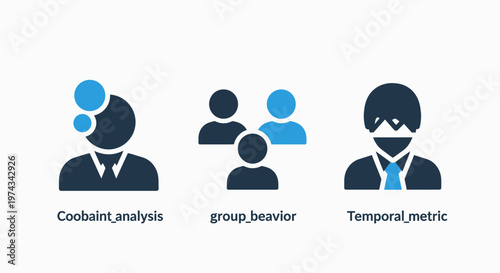 Business icons for coolant analysis, group behavior, and temporal metric data measurement
